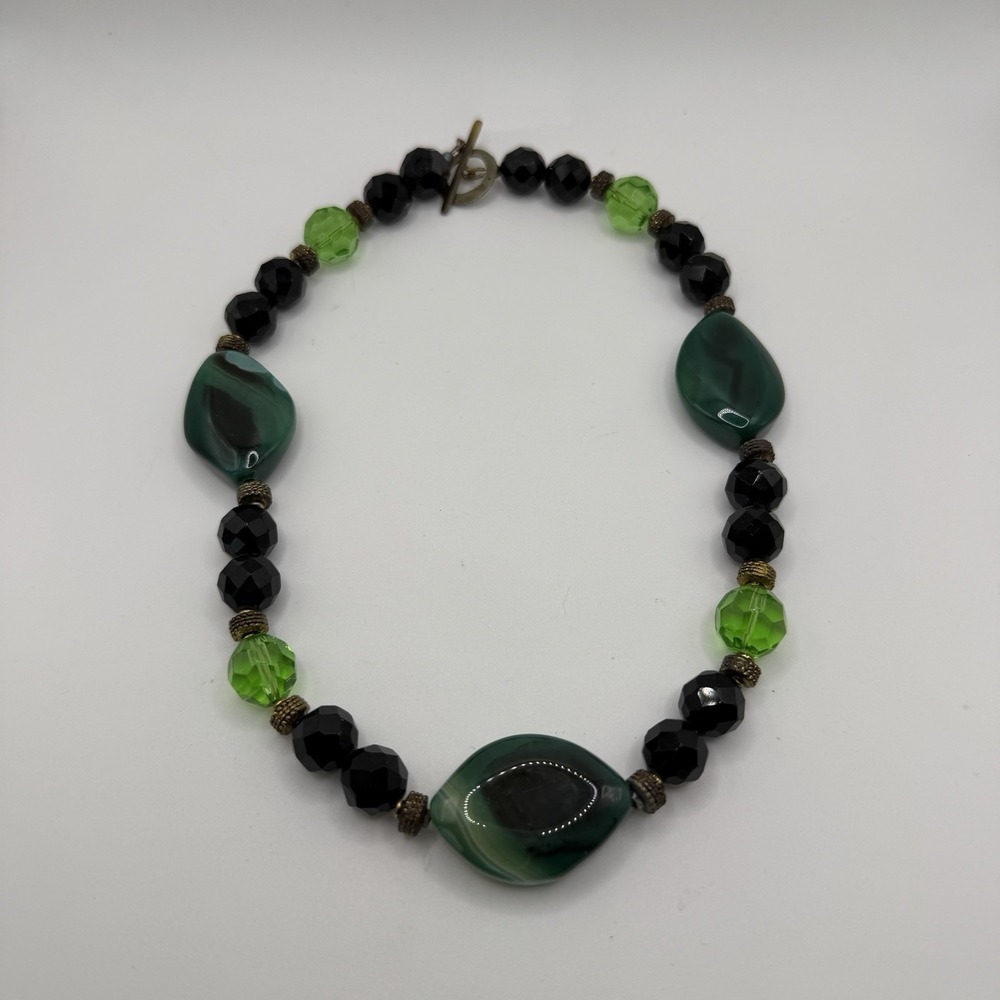 Green Agate Stone Glass Bead Necklace‎ Silver Vintage Chunky Bohemian Beach 16"